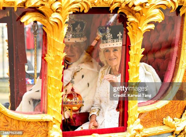 King Charles III and Queen Camilla travelling in the Gold State Coach built in 1760 and used at every Coronation since that of William IV in 1831sets...