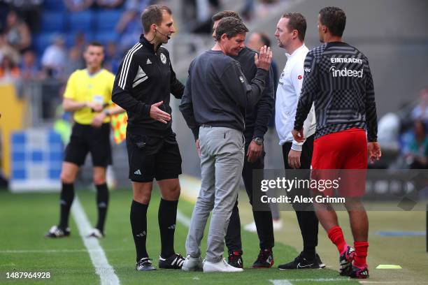 Oliver Glasner, Head Coach of Eintracht Frankfurt, reacts after being shown a red card during the Bundesliga match between TSG Hoffenheim and...