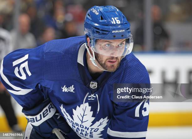 Alexander Kerfoot of the Toronto Maple Leafs waits for a faceoff against the Florida Panthers during Game Two of the Second Round of the 2023 Stanley...