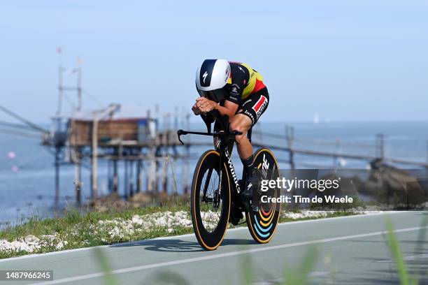 Remco Evenepoel of Belgium and Team Soudal - Quick Step sprints during the 106th Giro d'Italia 2023, Stage 1 a 19.6km individual time trial from...