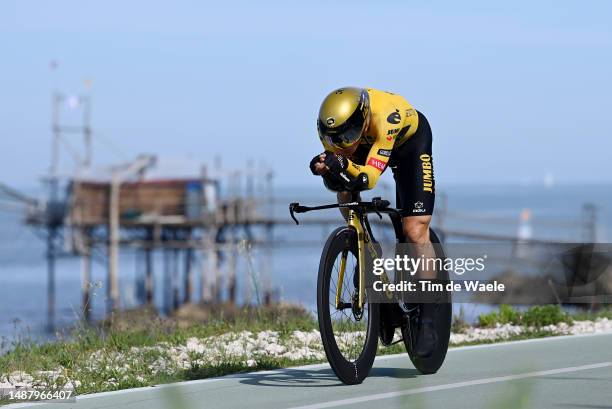 Primoz Roglič of Slovenia and Team Jumbo-Visma sprints next to the Trabucco Fishing platform during the 106th Giro d'Italia 2023, Stage 1 a 19.6km...