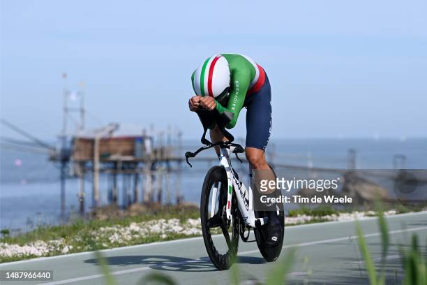Filippo Ganna of Italy and Team INEOS Grenadiers sprints next to the Trabucco Fishing platform during the 106th Giro d'Italia 2023, Stage 1 a 19.6km...