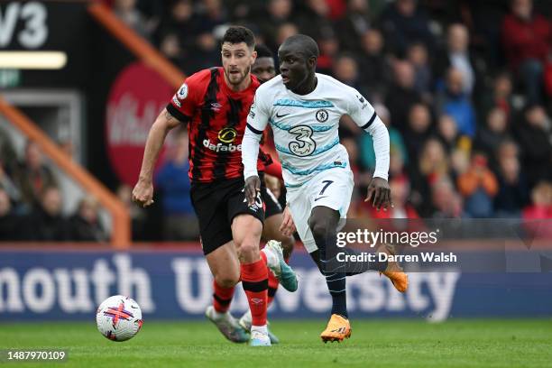 Ngolo Kante of Chelsea runs with the ball during the Premier League match between AFC Bournemouth and Chelsea FC at Vitality Stadium on May 06, 2023...