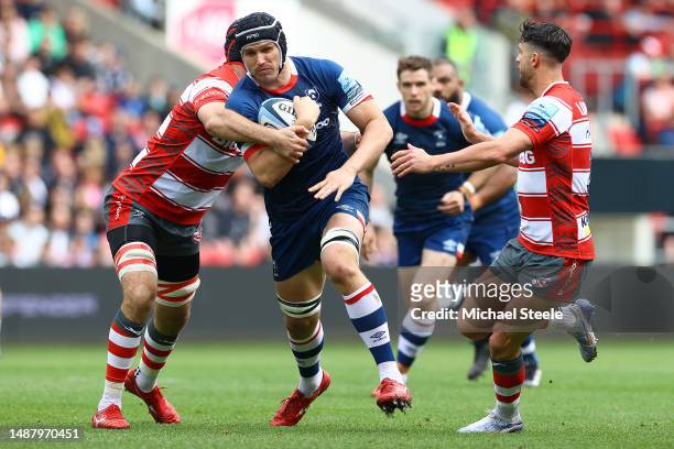 Sam Jeffries of Bristol held up by Matias Alemanno of Gloucester during the Gallagher Premiership Rugby match between Bristol Bears and Gloucester...