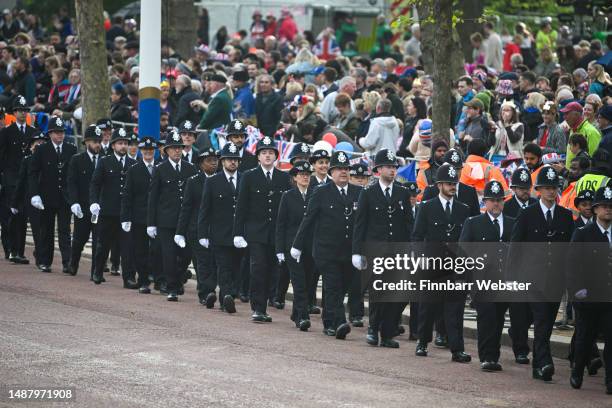 Police are seen during the Coronation of King Charles III and Queen Camilla on May 06, 2023 in London, England. The Coronation of Charles III and his...