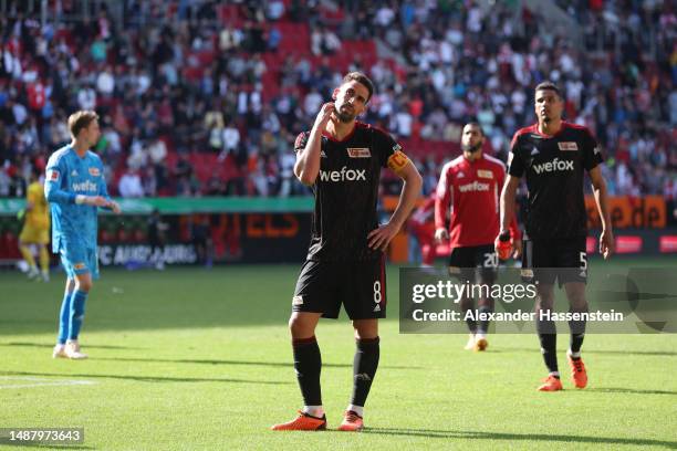 Rani Khedira of 1.FC Union Berlin looks dejected following the team's defeat in the Bundesliga match between FC Augsburg and 1. FC Union Berlin at...