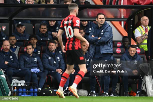 Frank Lampard, Caretaker Manager of Chelsea, looks on during the Premier League match between AFC Bournemouth and Chelsea FC at Vitality Stadium on...