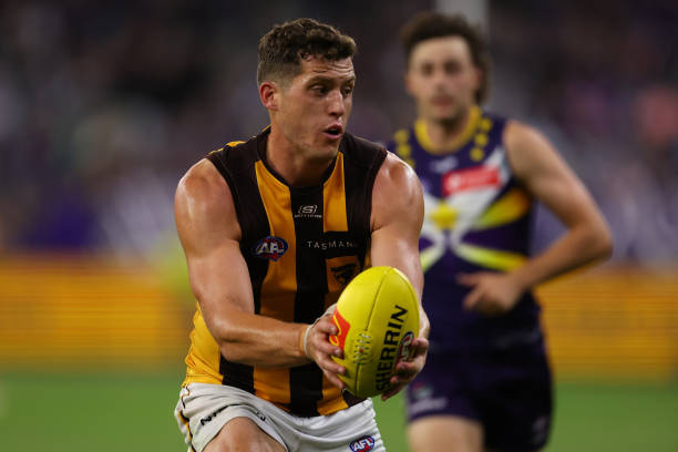 Lloyd Meek of the Hawks in action during the round eight AFL match between Fremantle Dockers and Hawthorn Hawks at Optus Stadium, on May 06 in Perth,...