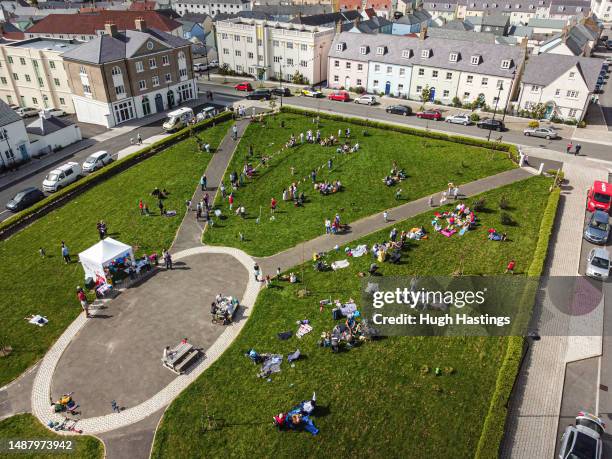 Aerial view of residents at Nansledan, the Duchy of Cornwall 4000 homes sustainable new-build project which was the vision of King Charles III when...