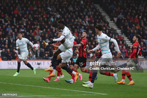 Benoit Badiashile of Chelsea scores their sides second goal during the Premier League match between AFC Bournemouth and Chelsea FC at Vitality...