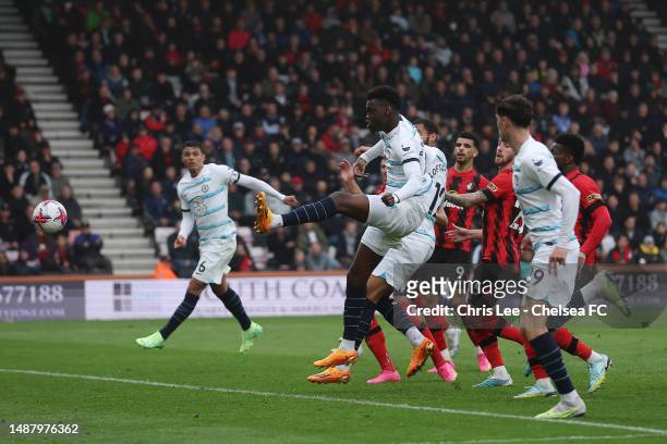 Benoit Badiashile of Chelsea scores their sides second goal during the Premier League match between AFC Bournemouth and Chelsea FC at Vitality...