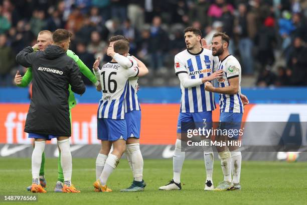 Hertha Berlin players celebrate after the team's victory in the Bundesliga match between Hertha BSC and VfB Stuttgart at Olympiastadion on May 06,...