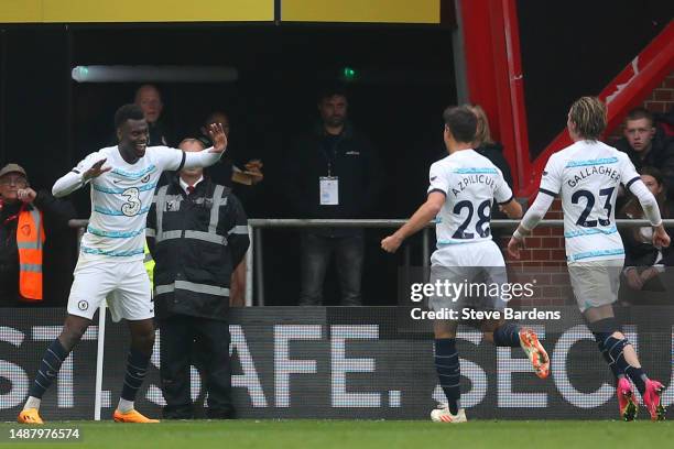 Benoit Badiashile of Chelsea celebrates after scoring their sides second goal during the Premier League match between AFC Bournemouth and Chelsea FC...