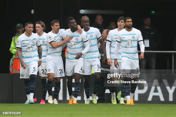 Benoit Badiashile of Chelsea celebrates with team mates after scoring their sides second goal during the Premier League match between AFC Bournemouth...