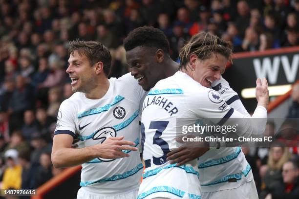 Benoit Badiashile of Chelsea celebrates with team mates after scoring their sides second goal during the Premier League match between AFC Bournemouth...