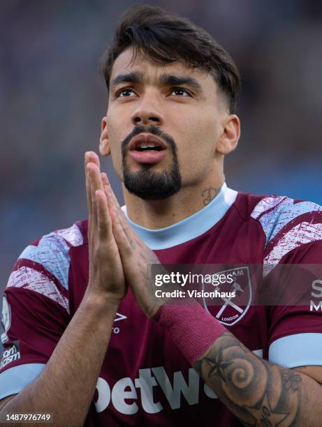 Lucas Paqueta of West Ham United lines up before the Premier League match between Manchester City and West Ham United at Etihad Stadium on May 3,...