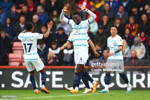Benoit Badiashile of Chelsea celebrates after scoring their sides second goal during the Premier League match between AFC Bournemouth and Chelsea FC...
