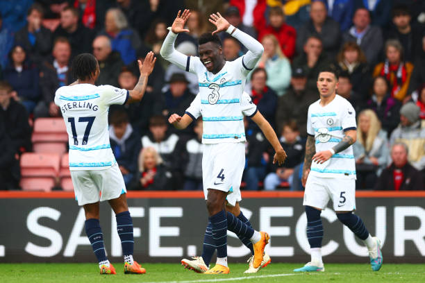 Benoit Badiashile of Chelsea celebrates after scoring their sides second goal during the Premier League match between AFC Bournemouth and Chelsea FC...