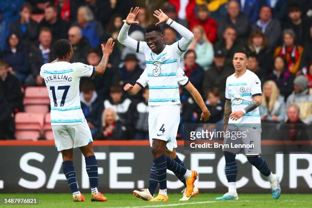 Benoit Badiashile of Chelsea celebrates after scoring their sides second goal during the Premier League match between AFC Bournemouth and Chelsea FC...