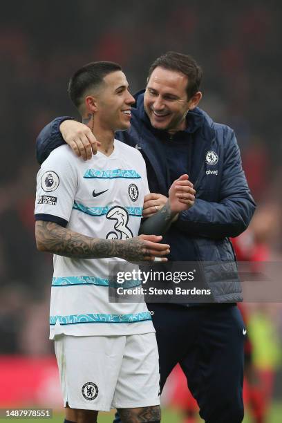 Frank Lampard, Caretaker Manager of Chelsea, interacts with Enzo Fernandez of Chelsea after the Premier League match between AFC Bournemouth and...