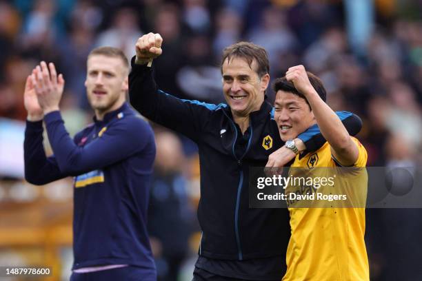 Julen Lopetegui, Manager of Wolverhampton Wanderers, celebrates with Hwang Hee-Chan after the team's victory in the Premier League match between...