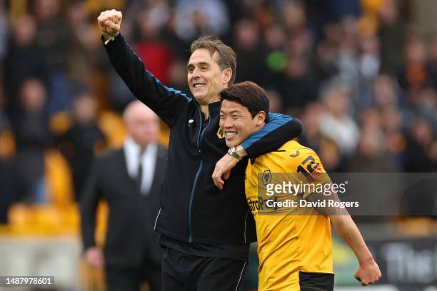 Julen Lopetegui, Manager of Wolverhampton Wanderers, celebrates with Hwang Hee-Chan after the team's victory in the Premier League match between...