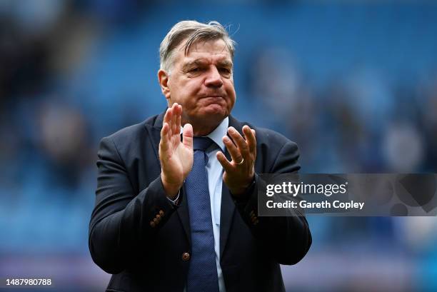 Sam Allardyce, Manager of Leeds United, applauds fans after the Premier League match between Manchester City and Leeds United at Etihad Stadium on...