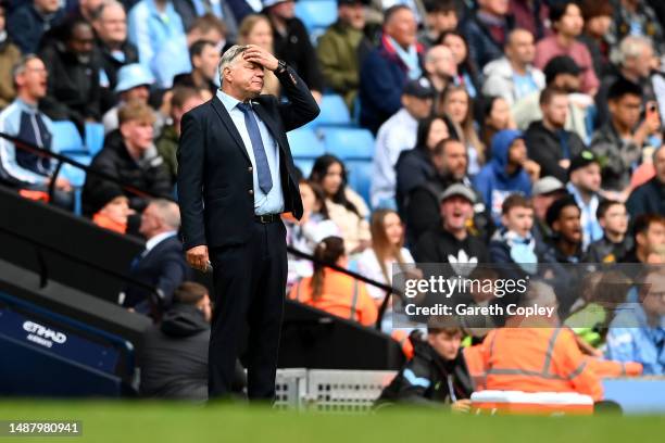 Sam Allardyce, Manager of Leeds United, reacts during the Premier League match between Manchester City and Leeds United at Etihad Stadium on May 06,...