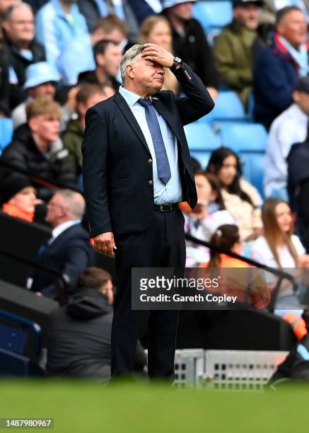 Sam Allardyce, Manager of Leeds United, reacts during the Premier League match between Manchester City and Leeds United at Etihad Stadium on May 06,...