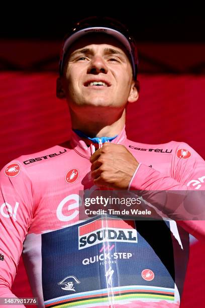 Remco Evenepoel of Belgium and Team Soudal - Quick Step celebrates at podium as Pink Leader Jersey winner during the 106th Giro d'Italia 2023, Stage...