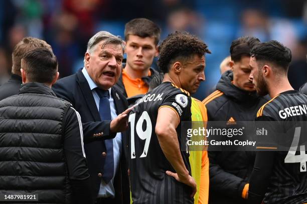 Sam Allardyce, Manager of Leeds United, interacts with their side after the Premier League match between Manchester City and Leeds United at Etihad...