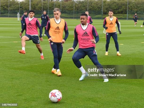 Leandro Trossard and Gabriel Jesus of Arsenal during a training session at London Colney on May 06, 2023 in St Albans, England.