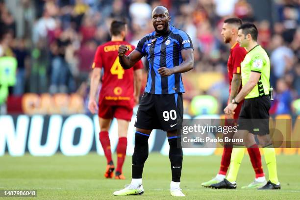 Romelu Lukaku of FC Internazionale reacts during the Serie A match between AS Roma and FC Internazionale at Stadio Olimpico on May 06, 2023 in Rome,...