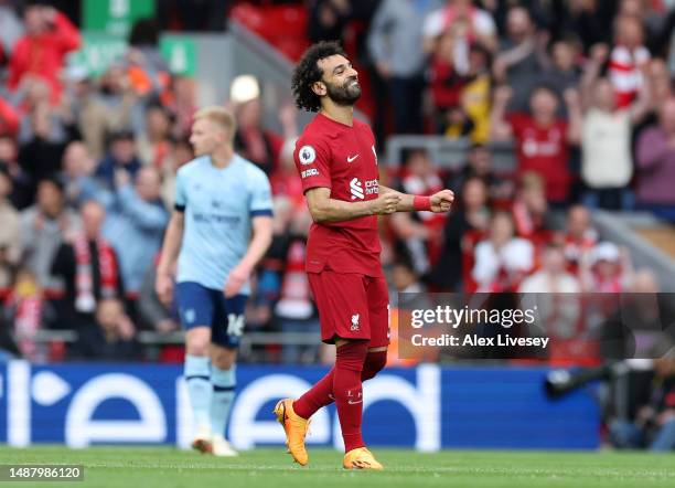 Mohamed Salah of Liverpool celebrates after scoring their sides first goal during the Premier League match between Liverpool FC and Brentford FC at...