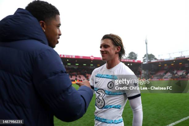 Wesley Fofana and Conor Gallagher of Chelsea interact following their sides victory after the Premier League match between AFC Bournemouth and...