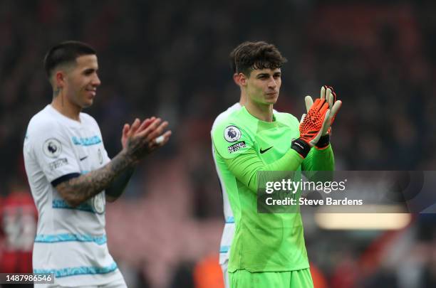 Kepa Arrizabalaga of Chelsea applauds fans following their sides victory after the Premier League match between AFC Bournemouth and Chelsea FC at...