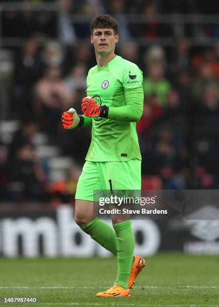 Kepa Arrizabalaga of Chelsea celebrates after Joao Felix of Chelsea scores their sides third goal during the Premier League match between AFC...