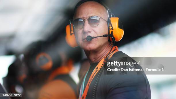 Jeff Bezos looks on from the McLaren pitwall during final practice ahead of the F1 Grand Prix of Miami at Miami International Autodrome on May 06,...