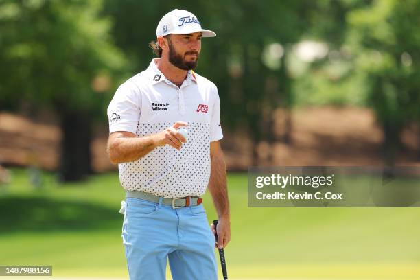 Max Homa of the United States reacts to his birdie on the second green during the third round of the Wells Fargo Championship at Quail Hollow Country...