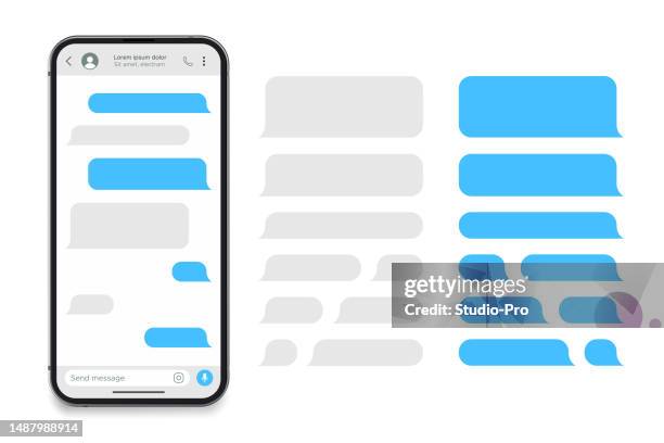 realistisches smartphone-messaging-app-modell. sms-textrahmen-vorlage. social-media-konversation, benutzeroberfläche, chat mit blauen blasen. - smartphone text message screen stock-grafiken, -clipart, -cartoons und -symbole