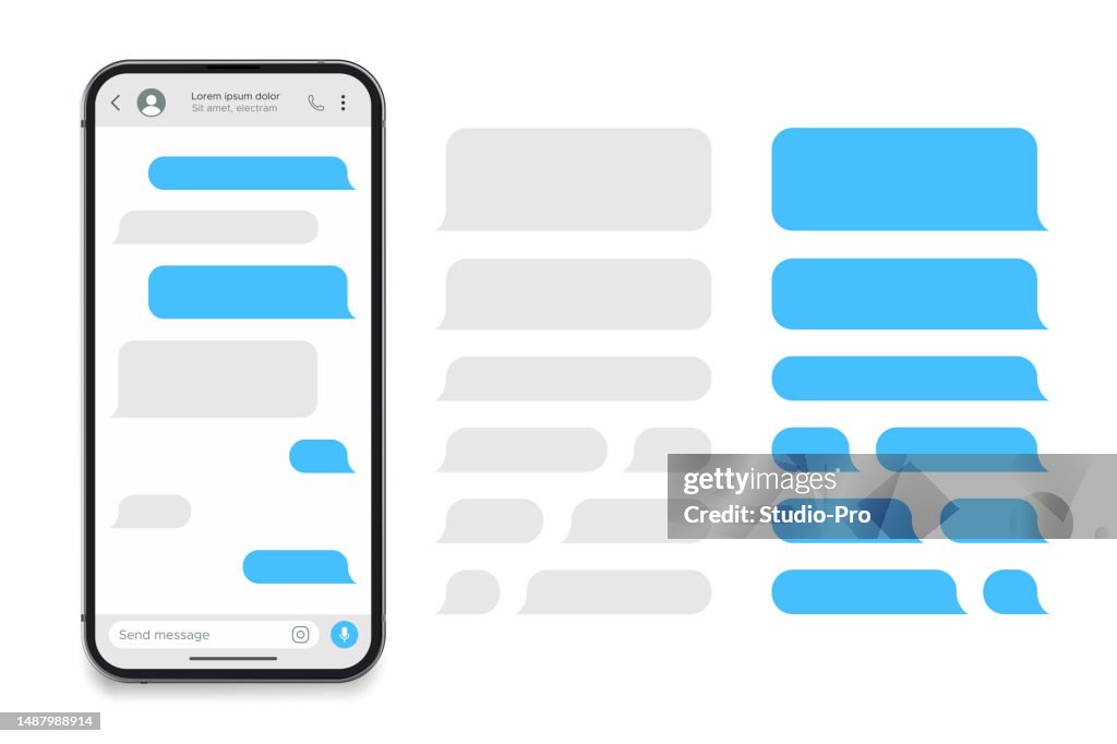 Realistic smartphone messaging app mockup. SMS text frame template. Social media conversation user interface chat with blue bubbles.