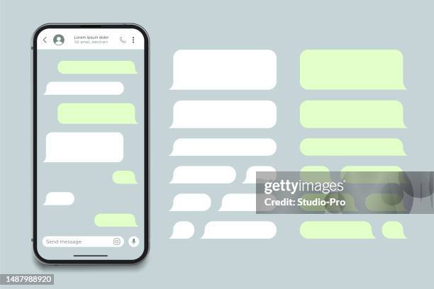 リアルなスマートフォンメッセージングアプリのモックアップ。smsテキストフレームテンプレート。緑色のバブルを持つソーシャルメディア会話チャットユーザーインターフェイス。 - twitter template点のイラスト素材／クリップアート素材／マンガ素材／アイコン素材