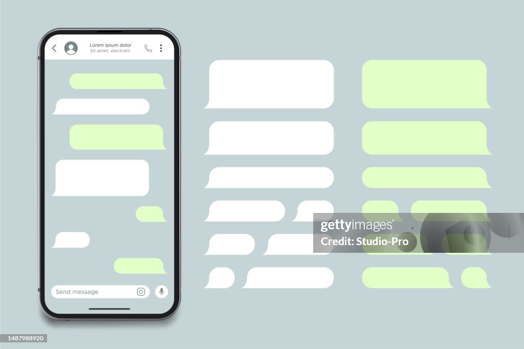 Realistic smartphone messaging app mockup. SMS text frame template. Social media conversation chat user interface with green bubbles.
