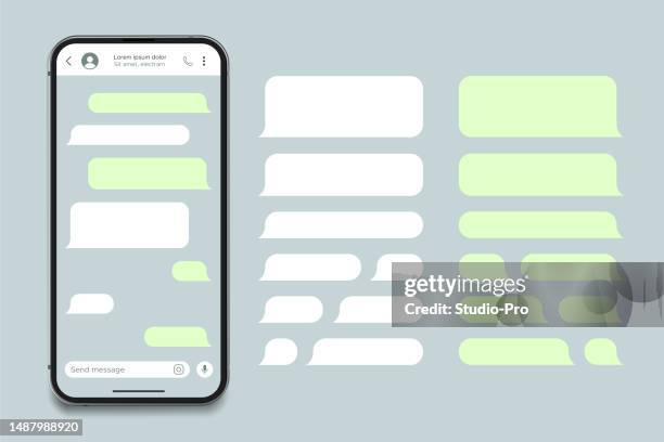 realistic smartphone messaging app mockup. sms text frame template. social media conversation chat user interface with green bubbles. - online messaging stock illustrations