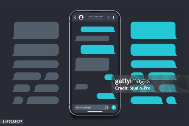 realistic smartphone messaging app mockup. sms text frame template. social media conversation chat user interface with blue bubbles. - computer keyboard dark stock illustrations