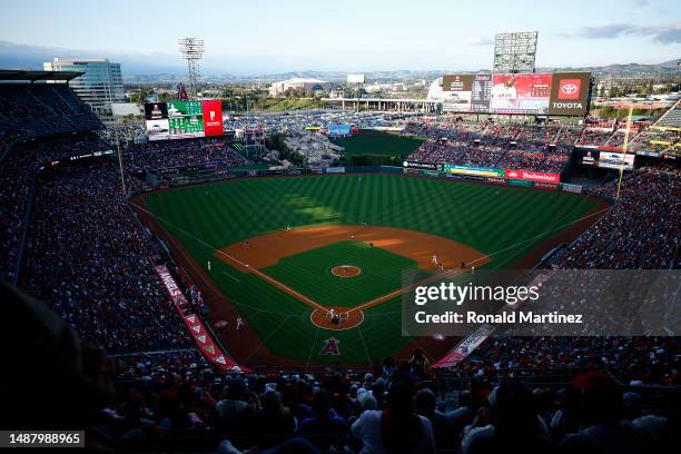 General view of play between the Texas Rangers and the Los Angeles Angels at Angel Stadium of Anaheim on May 05, 2023 in Anaheim, California.