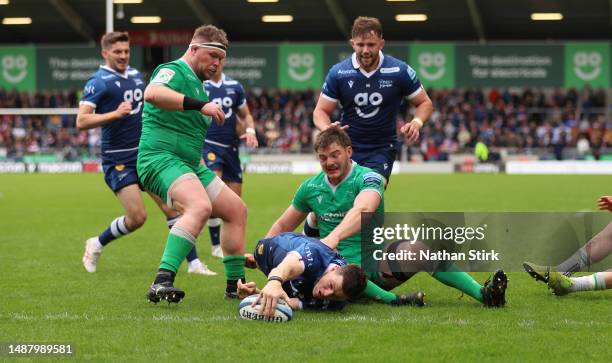 Sam James of Sale Sharks scores their 7th try during the Gallagher Premiership Rugby match between Sale Sharks and Newcastle Falcons at AJ Bell...