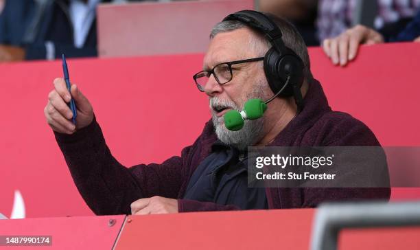 Radio Newcastle commentator Ian Smith in action during his final commentary during the Gallagher Premiership Rugby match between Sale Sharks and...