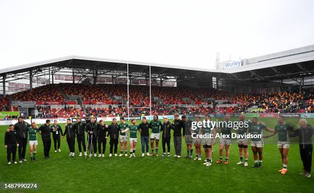 London Irish huddle after the Gallagher Premiership Rugby match between London Irish and Exeter Chiefs at Gtech Community Stadium on May 06, 2023 in...