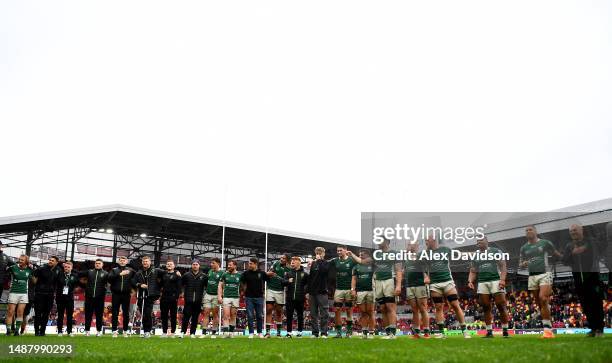 London Irish huddle after the Gallagher Premiership Rugby match between London Irish and Exeter Chiefs at Gtech Community Stadium on May 06, 2023 in...